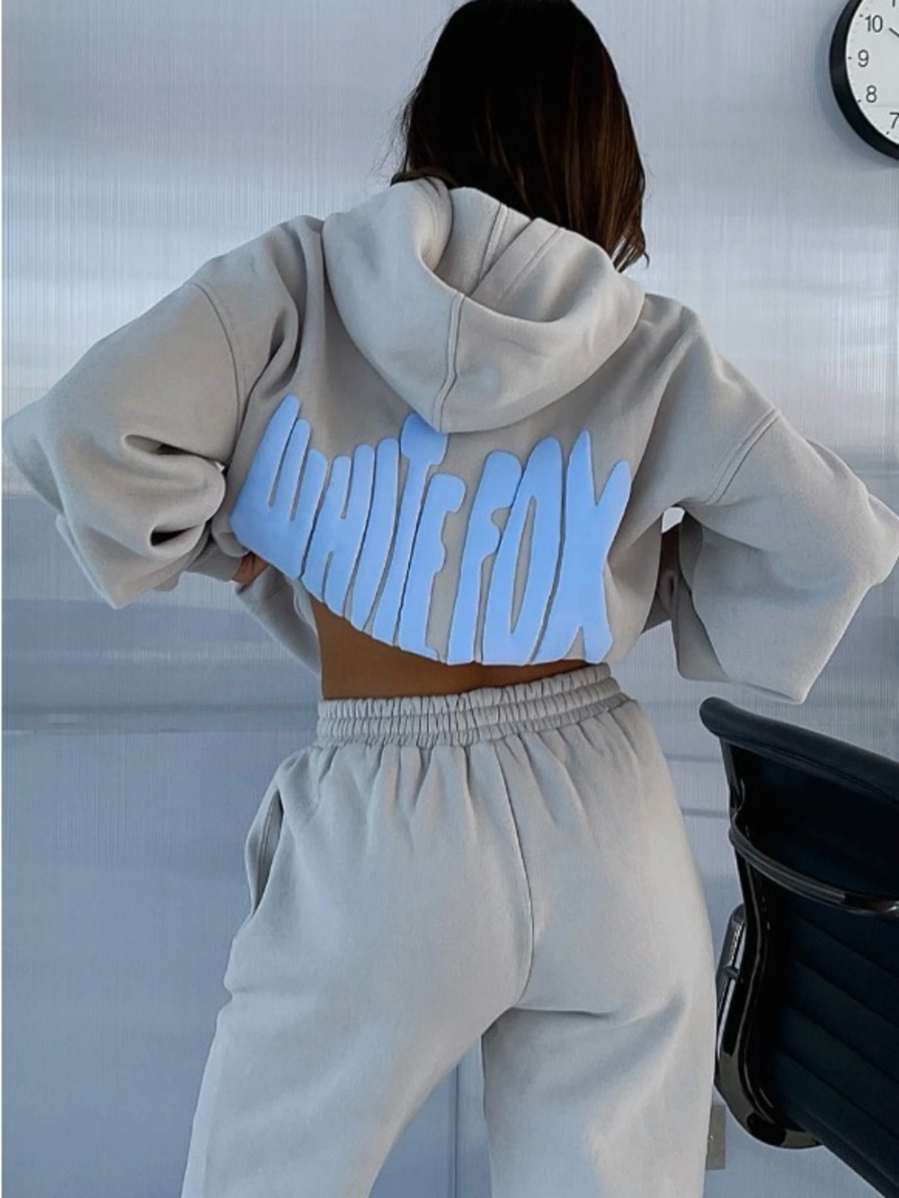 White Fox Boutique Cropped Crew Sweatshirt in Light Gray with Pale Blue Logo